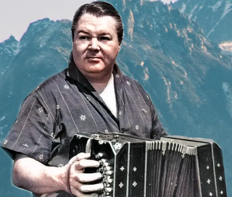 Bandoneon speler Anibal Troilo ingekleurd met argentijnse berg achtergrond