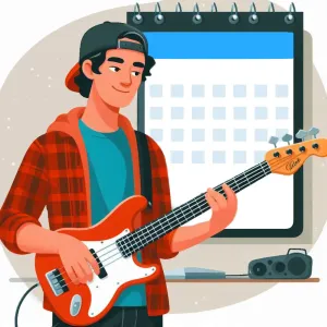 Bassist met kalender op de achtergrond